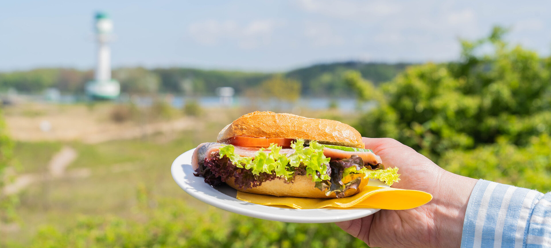 Fischbrötchen auf einem Teller vor der Kieler Förde