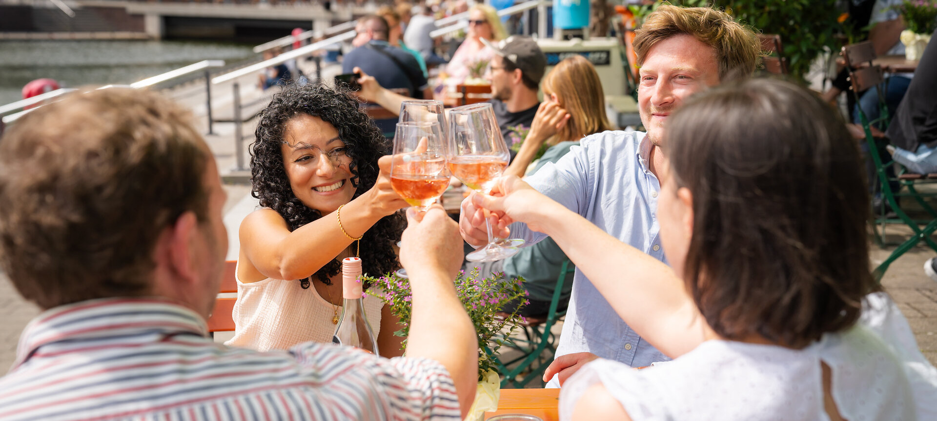 Vier Freund:innen stoßen mit einem Glas Wein an