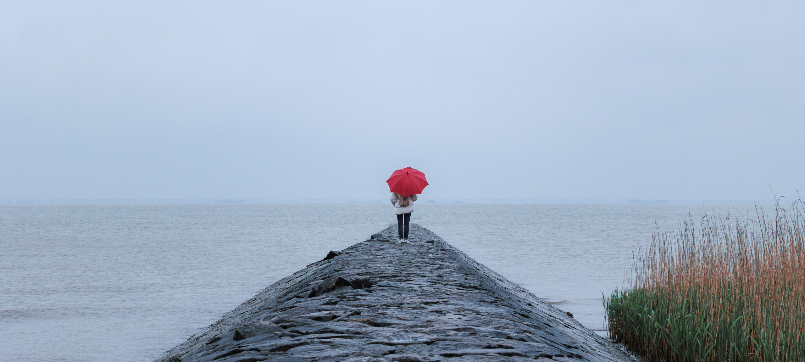 Person mit Regenschirm am Meer