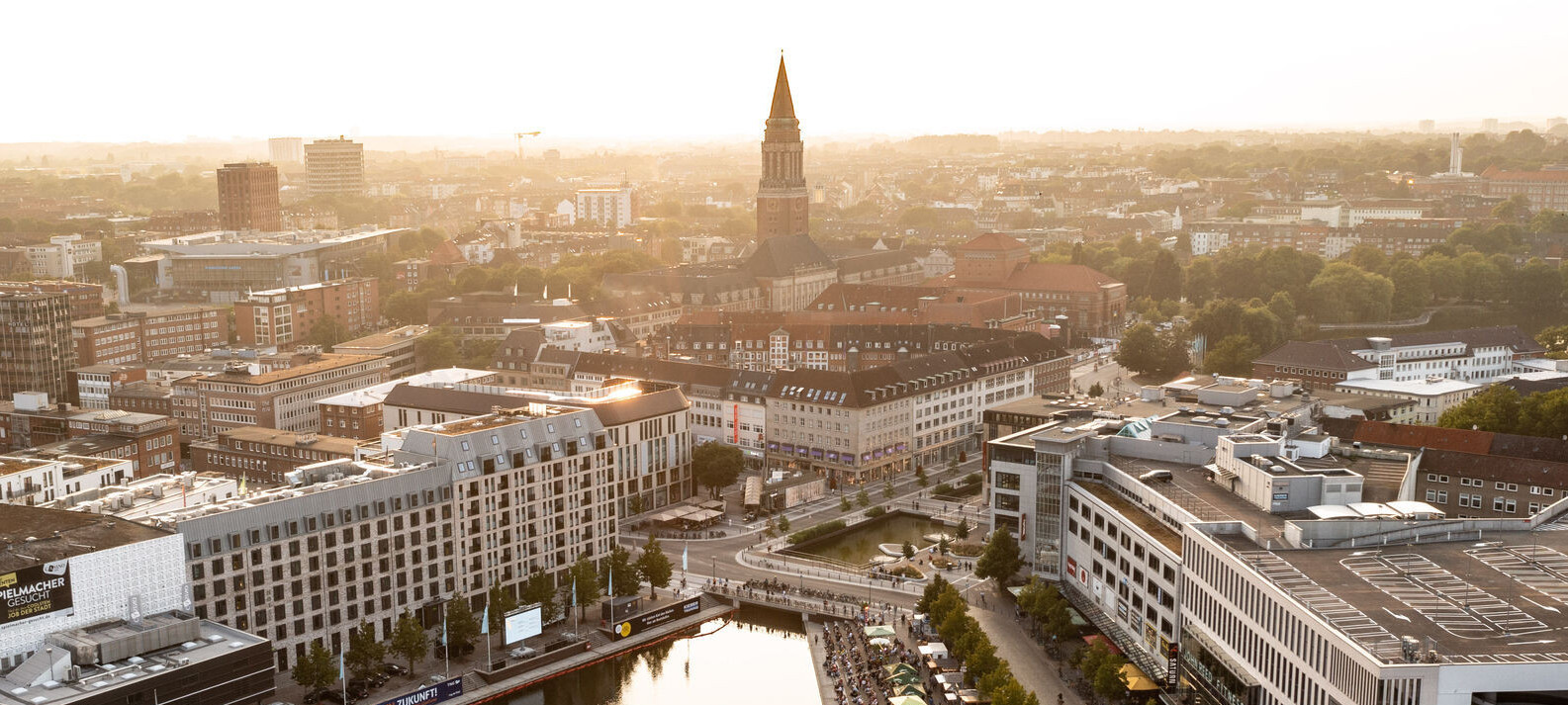 Kiel from above with the town hall tower in the middle