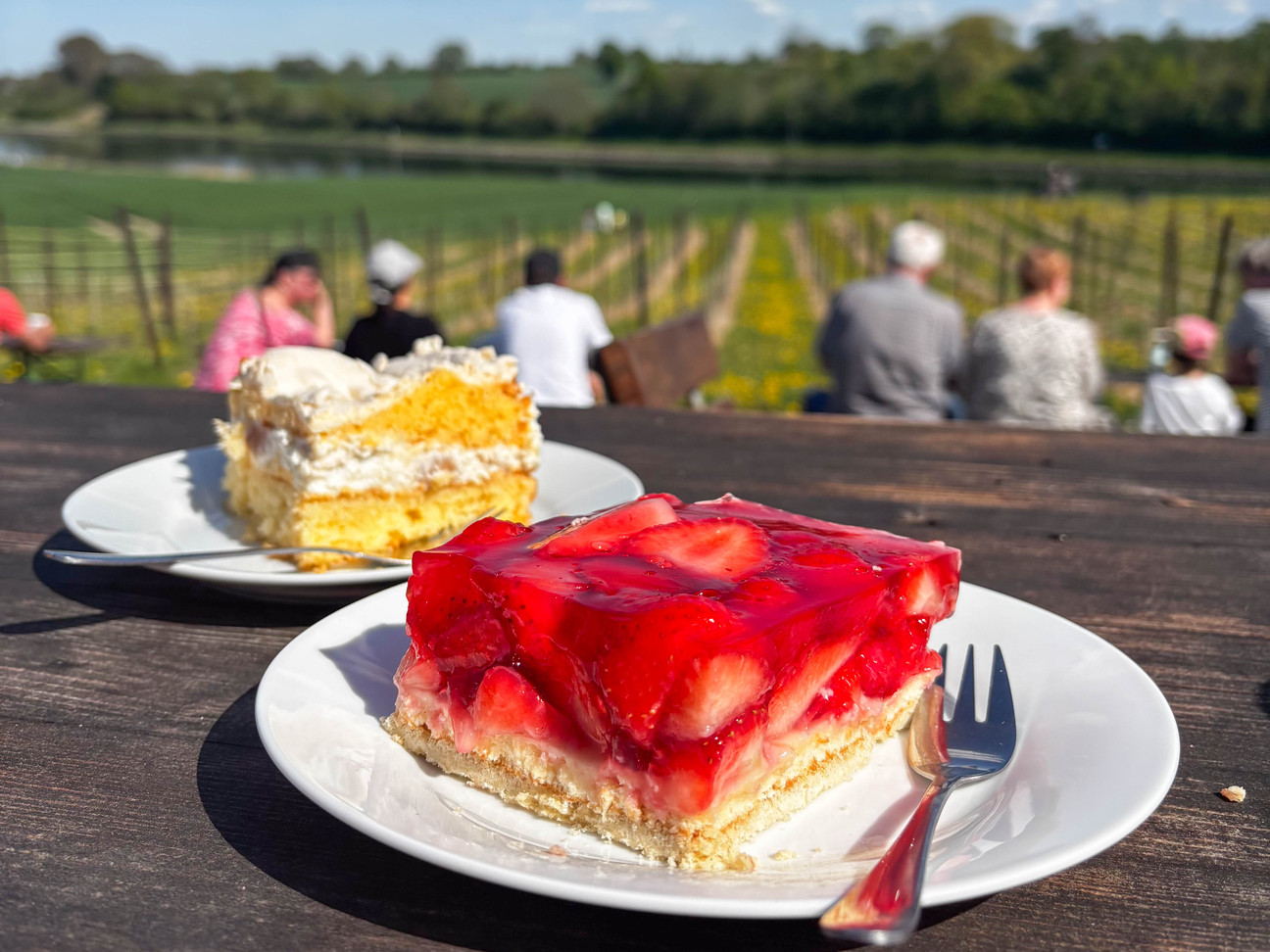 Zwei Stücke Kuchen mit Obsthängen und dem Kanal im Hintergrund
