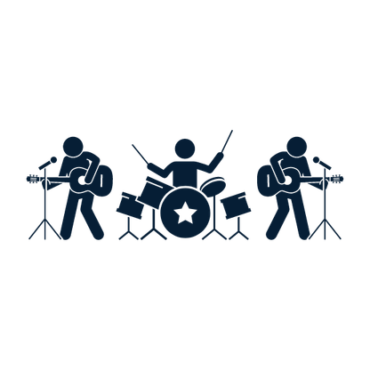 Icon einer Band, Schlagzeugspieler in der Mitte, rechts und Links jeweils ein Sänger mit Gitarre und Mikrofon