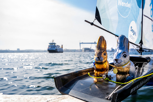 Zwei Osterhasen vor der Kieler Förde
